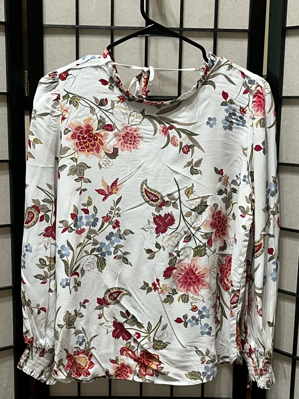 LOFT White Floral Long-Sleeve BOHO Blouse with Pink & Blue Accents SIZE LP